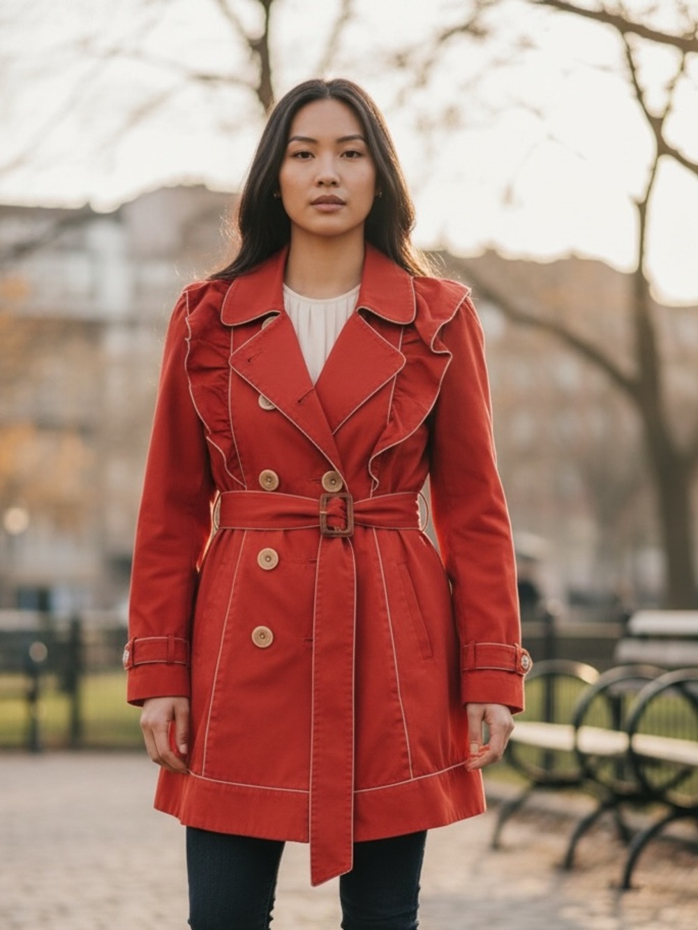leifsdottir Red Ruffle-Trim Trench Coat with Belt